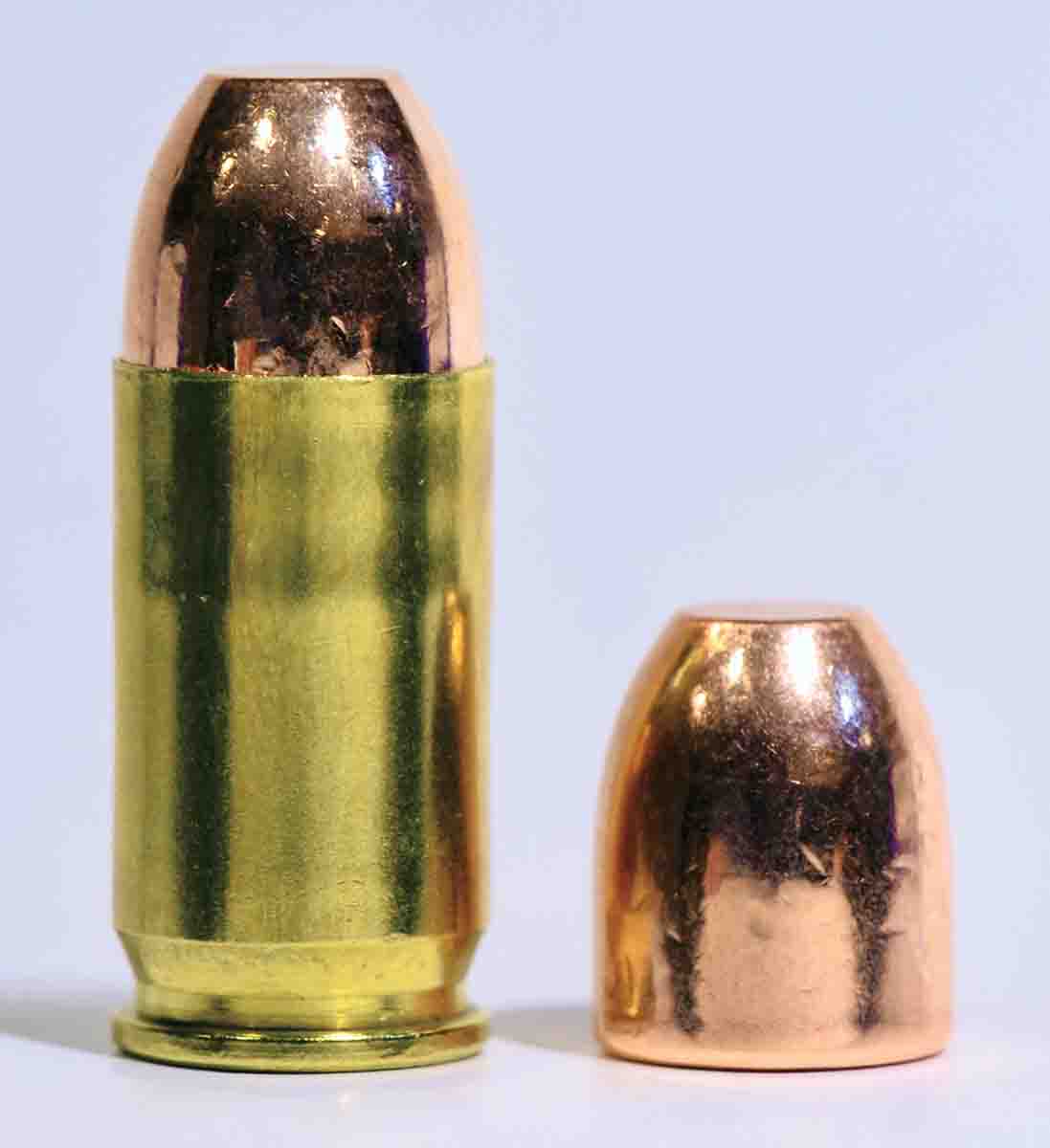 The .380 is two millimeters shorter than the 9mm Luger, with reduced powder capacity. Anything heavier than this 100-grain bullet reduces capacity even further, with commensurate reduction in velocity and possibly compromised operation.